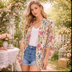 Umgee Floral Kimono M/L Cottage Coquette Garden Open Cardigan Boho Duster spring